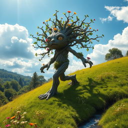 A fantastical treefolk, a humanoid figure made of intertwined branches and leaves, walking gracefully over a gentle green hill