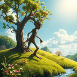 A fantastical treefolk, a humanoid figure made of intertwined branches and leaves, walking gracefully over a gentle green hill