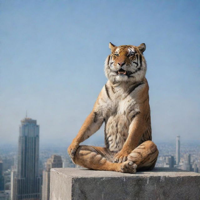 An aged, wise tiger performing yoga at the top of a skyscraper against the sky