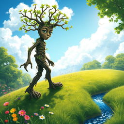 A fantastical treefolk, a humanoid figure made of intertwined branches and leaves, walking gracefully over a gentle green hill