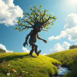 A fantastical treefolk, a humanoid figure made of intertwined branches and leaves, walking gracefully over a gentle green hill