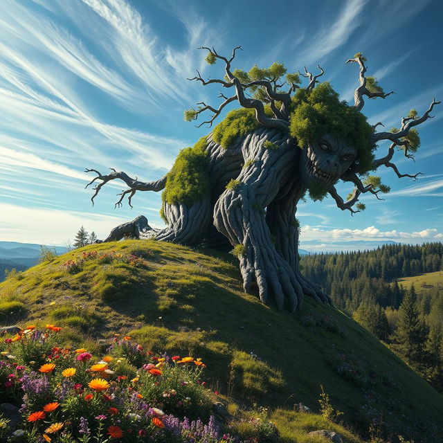 A massive treefolk, a gigantic humanoid figure composed of thick, gnarled branches and lush foliage, crawling over a gently sloping hill