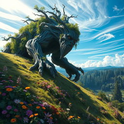 A massive treefolk, a gigantic humanoid figure composed of thick, gnarled branches and lush foliage, crawling over a gently sloping hill