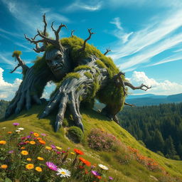 A massive treefolk, a gigantic humanoid figure composed of thick, gnarled branches and lush foliage, crawling over a gently sloping hill