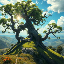 A massive branching treefolk, a colossal figure composed of thick, twisting branches and dense foliage, crawling over a majestic hill