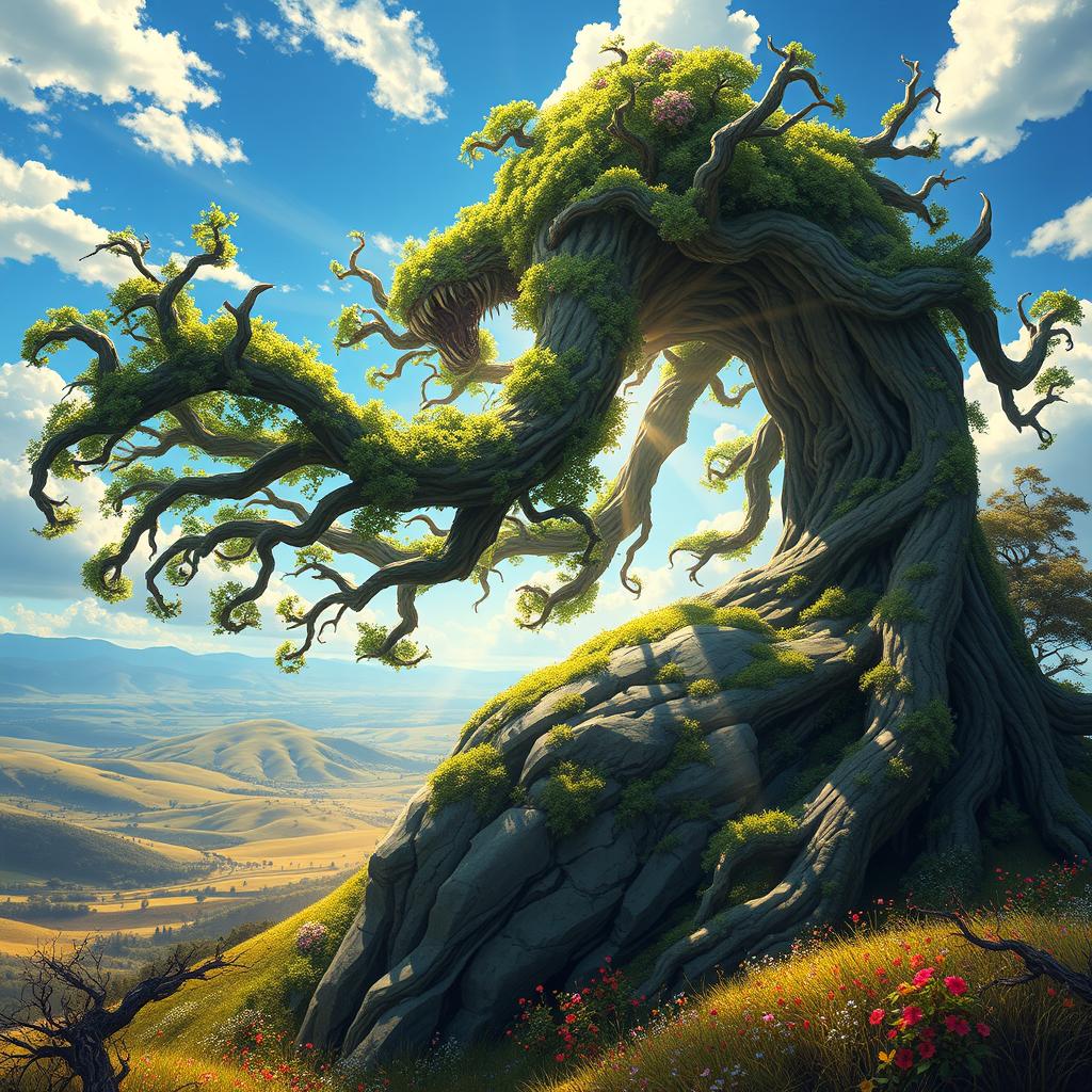 A massive branching treefolk, a colossal figure composed of thick, twisting branches and dense foliage, crawling over a majestic hill