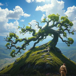 A massive branching treefolk, a colossal figure composed of thick, twisting branches and dense foliage, crawling over a majestic hill