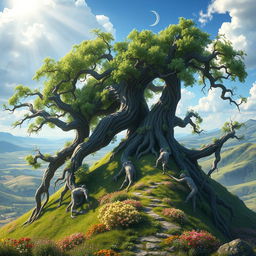 A massive branching treefolk, a colossal figure composed of thick, twisting branches and dense foliage, crawling over a majestic hill