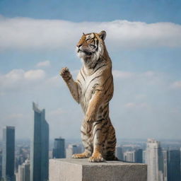 An aged, wise tiger performing yoga at the top of a skyscraper against the sky