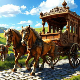 A detailed and realistic depiction of a wooden medieval carriage, elegantly crafted with intricate carvings and ornate design elements