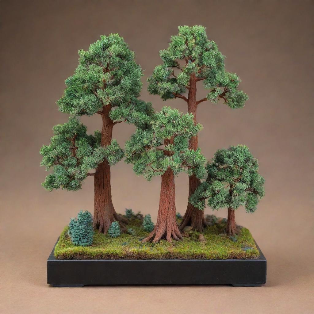 An engaging diorama featuring the world's smallest and largest trees side by side. The tiny Dwarf Willow with its vibrant leaves, delicate branches standing next to the towering Sequoia with a voluminous foliage canopy, making a stark contrast of nature's extremes.