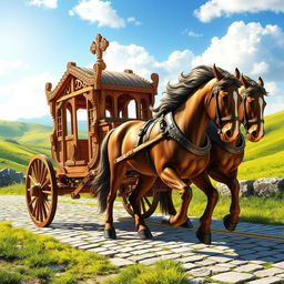 A detailed and realistic depiction of a wooden medieval carriage, elegantly crafted with intricate carvings and ornate design elements