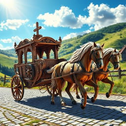 A detailed and realistic depiction of a wooden medieval carriage, elegantly crafted with intricate carvings and ornate design elements