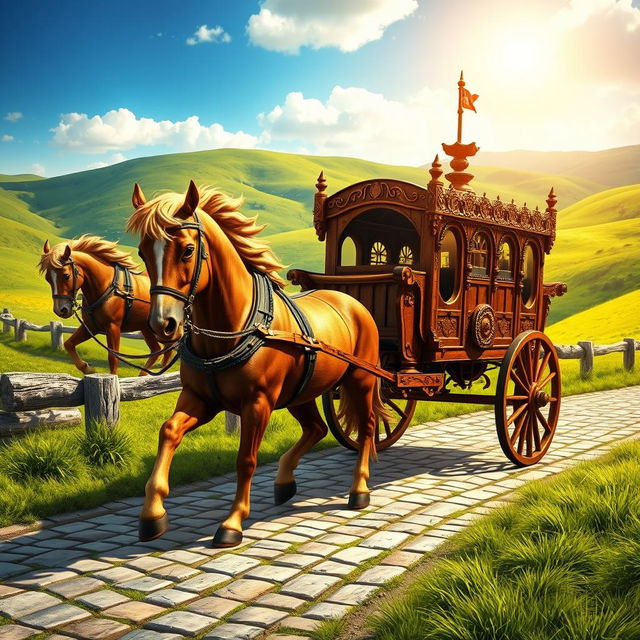 A detailed and realistic depiction of a wooden medieval carriage, elegantly crafted with intricate carvings and ornate design elements