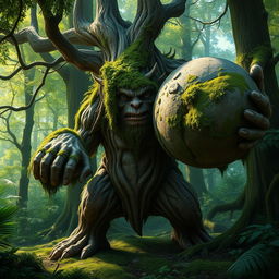 An impressive treefolk creature, embodying the essence of a majestic alder tree, stands with its bark-like skin and leafy appendages