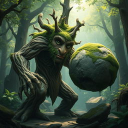 An impressive treefolk creature, embodying the essence of a majestic alder tree, stands with its bark-like skin and leafy appendages