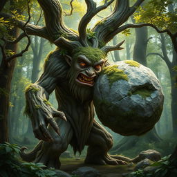 An impressive treefolk creature, embodying the essence of a majestic alder tree, stands with its bark-like skin and leafy appendages