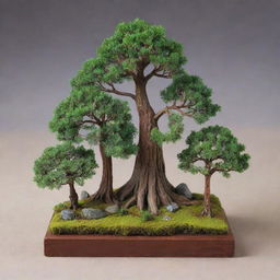 An engaging diorama featuring the world's smallest and largest trees side by side. The tiny Dwarf Willow with its vibrant leaves, delicate branches standing next to the towering Sequoia with a voluminous foliage canopy, making a stark contrast of nature's extremes.