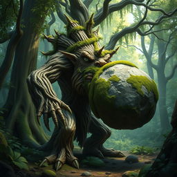 An impressive treefolk creature, embodying the essence of a majestic alder tree, stands with its bark-like skin and leafy appendages