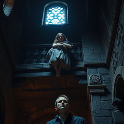 A dramatic scene at the top floor of a castle, featuring a girl attempting to escape, holding a bundle of clothes tightly in her arms