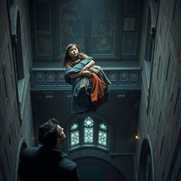 A dramatic scene at the top floor of a castle, featuring a girl attempting to escape, holding a bundle of clothes tightly in her arms