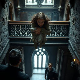 A dramatic scene at the top floor of a castle, featuring a girl attempting to escape, holding a bundle of clothes tightly in her arms