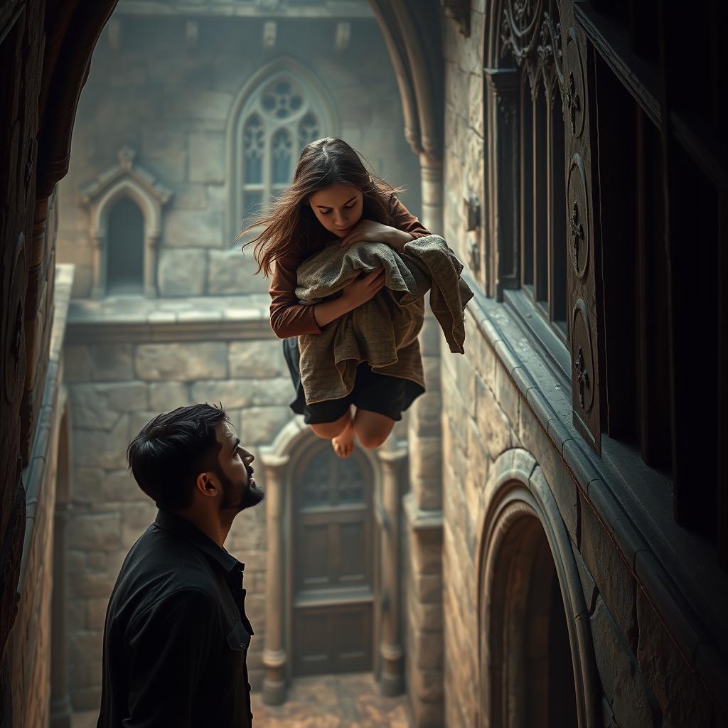 A dramatic scene at the top floor of a castle, featuring a girl attempting to escape, holding a bundle of clothes tightly in her arms