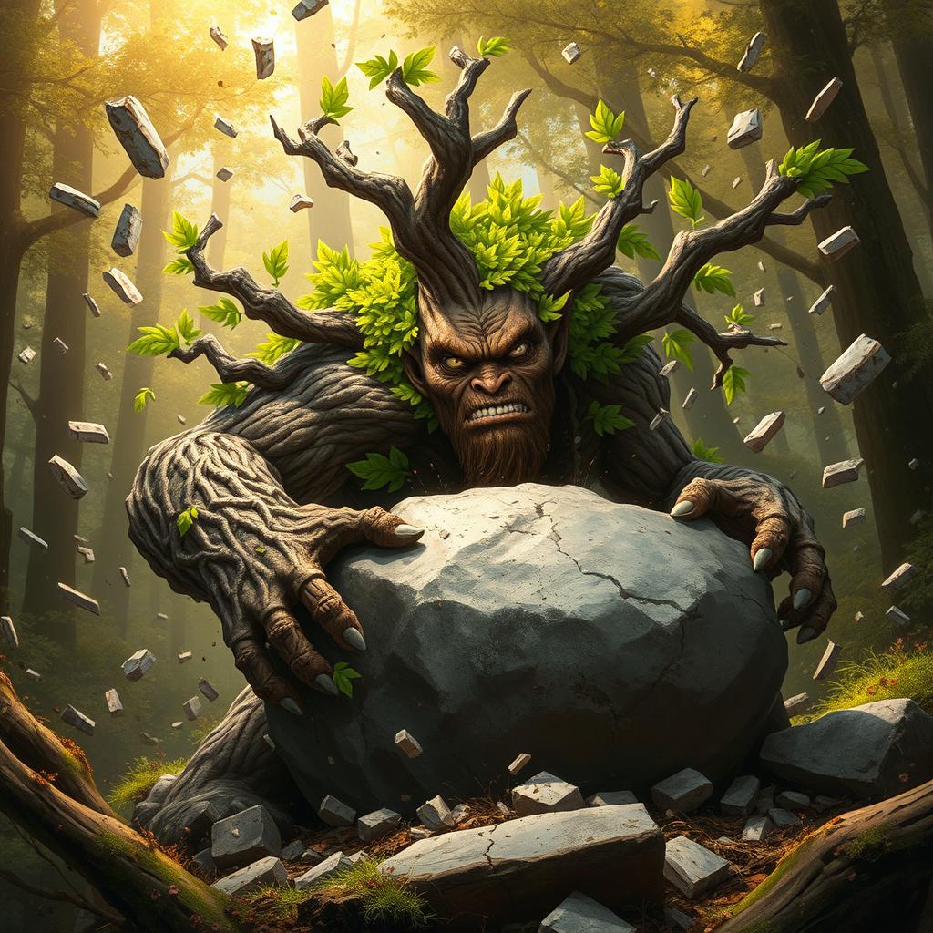 A powerful treefolk creature, representing the majestic alder tree, is in the midst of shattering a massive boulder with its mighty strength