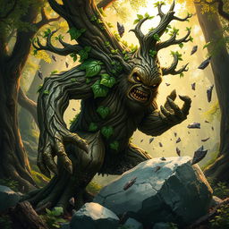 A powerful treefolk creature, representing the majestic alder tree, is in the midst of shattering a massive boulder with its mighty strength