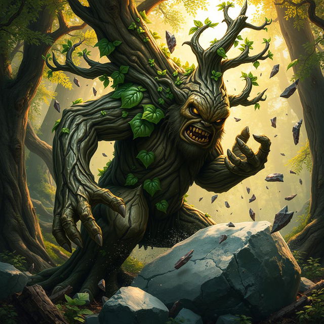 A powerful treefolk creature, representing the majestic alder tree, is in the midst of shattering a massive boulder with its mighty strength