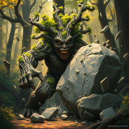 A powerful treefolk creature, representing the majestic alder tree, is in the midst of shattering a massive boulder with its mighty strength