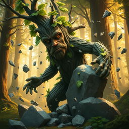 A powerful treefolk creature, representing the majestic alder tree, is in the midst of shattering a massive boulder with its mighty strength