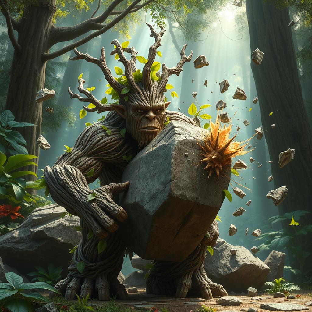 A formidable woody treefolk creature, with a textured exterior resembling rustic bark and intricate branches, is energetically shattering a massive boulder with an explosive display of strength