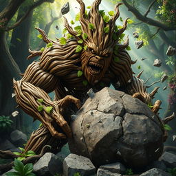 A formidable woody treefolk creature, with a textured exterior resembling rustic bark and intricate branches, is energetically shattering a massive boulder with an explosive display of strength