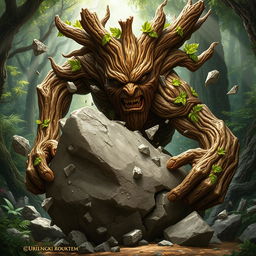 A formidable woody treefolk creature, with a textured exterior resembling rustic bark and intricate branches, is energetically shattering a massive boulder with an explosive display of strength