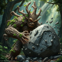 A formidable woody treefolk creature, with a textured exterior resembling rustic bark and intricate branches, is energetically shattering a massive boulder with an explosive display of strength