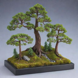 An engaging diorama featuring the world's smallest and largest trees side by side. The tiny Dwarf Willow with its vibrant leaves, delicate branches standing next to the towering Sequoia with a voluminous foliage canopy, making a stark contrast of nature's extremes.