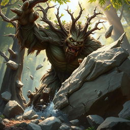 A fierce branching treefolk berserker depicted in a powerful stance as it shatters a colossal boulder with tremendous force