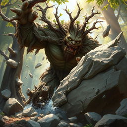 A fierce branching treefolk berserker depicted in a powerful stance as it shatters a colossal boulder with tremendous force