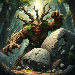 A fierce branching treefolk berserker depicted in a powerful stance as it shatters a colossal boulder with tremendous force