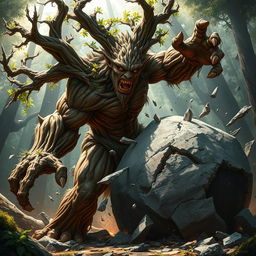 A fierce branching treefolk berserker depicted in a powerful stance as it shatters a colossal boulder with tremendous force