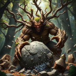 A fierce branching treefolk berserker depicted in a powerful stance as it shatters a colossal boulder with tremendous force