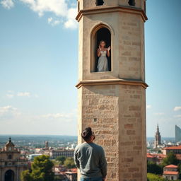 A tall historical tower with a large window from which a beautiful woman is waving