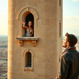 A tall historical tower with a large window from which a beautiful woman is waving