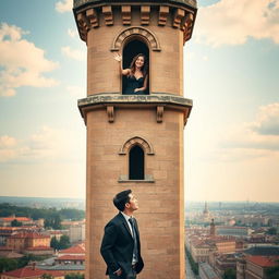 A tall historical tower with a large window from which a beautiful woman is waving