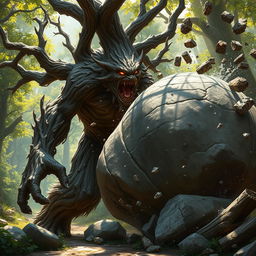 A fierce branching treefolk berserker caught in the act of shattering a massive boulder into pieces with a powerful strike