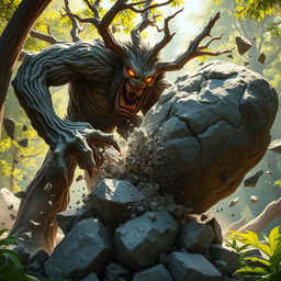 A fierce branching treefolk berserker caught in the act of shattering a massive boulder into pieces with a powerful strike