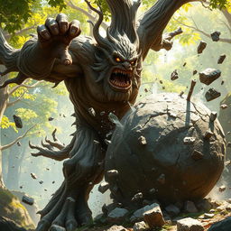 A fierce branching treefolk berserker caught in the act of shattering a massive boulder into pieces with a powerful strike