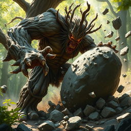 A fierce branching treefolk berserker caught in the act of shattering a massive boulder into pieces with a powerful strike