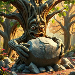 A whimsical tree character featuring a detailed face with expressive eyes and a wide mouth, alongside sturdy arms that exude strength, is in the act of shattering a large stone into pieces